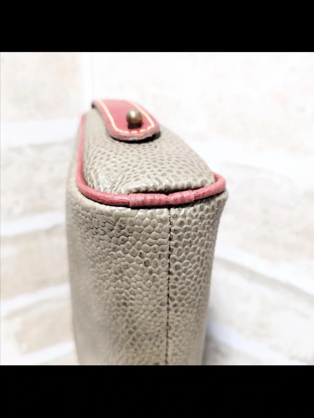 Mulberry Pebbled Leather Zip Pouch in Taupe with Red Accents